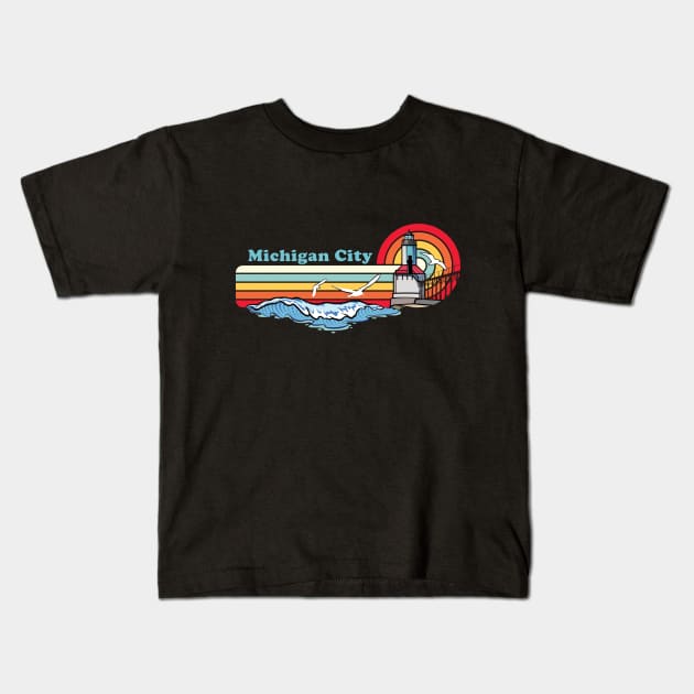 Michigan City Indiana Retro Beach Lighthouse Design Kids T-Shirt by SuburbanCowboy